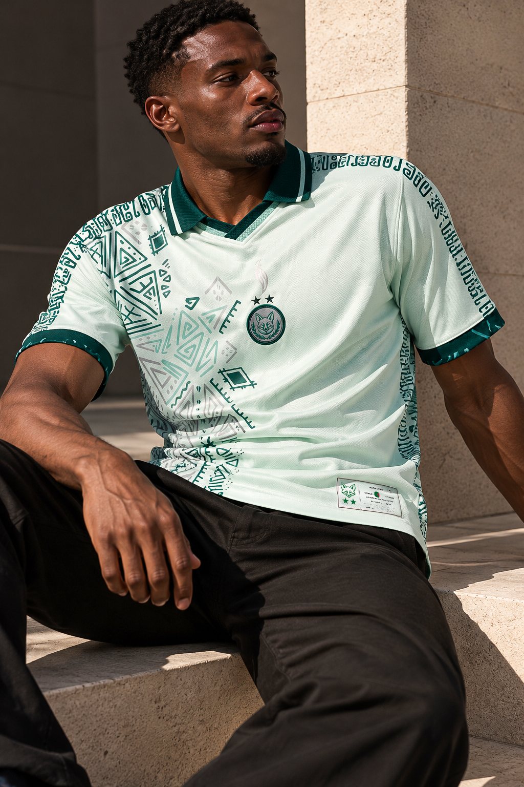 Homme assis sur des marches portant le maillot