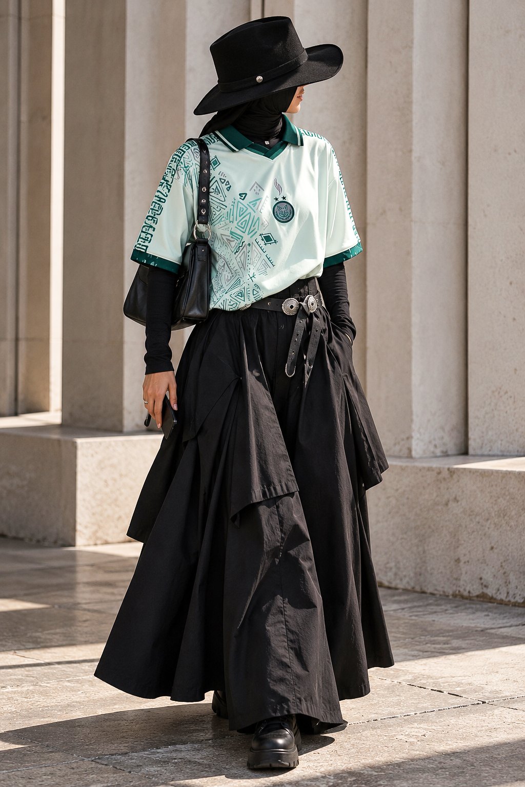 Femme voilée en chapeau noir et jupe longue portant le maillot